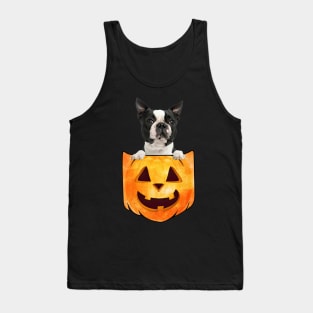 Black Boston Terrier Dog In Pumpkin Pocket Halloween Tank Top